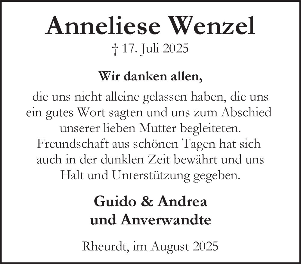  Traueranzeige für Anneliese Wenzel vom 09.08.2025 aus NNA