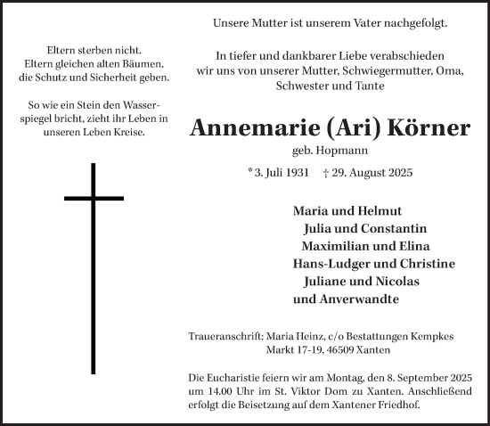 Traueranzeige von Annemarie (Ari) Körner von NNA