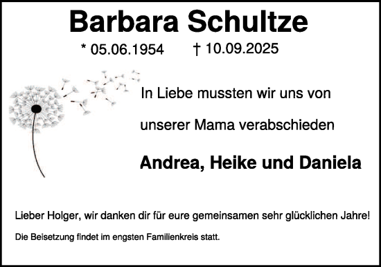 Traueranzeige von Barbara Schultze von NNA