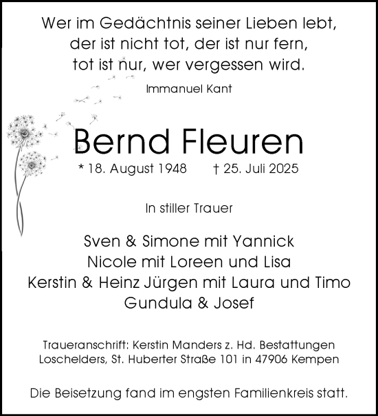 Traueranzeige von Bernd Fleuren von NNA
