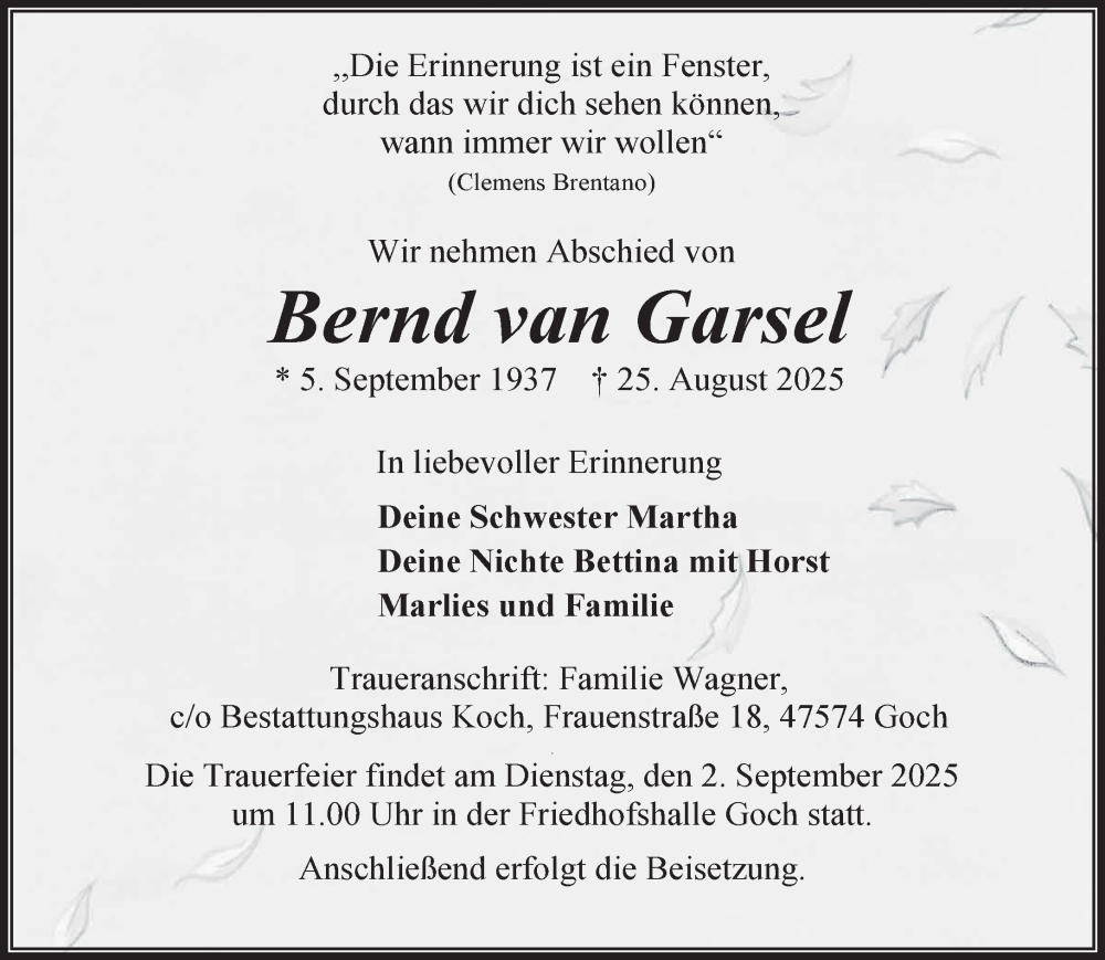  Traueranzeige für Bernd van Garsel vom 30.08.2025 aus NNA