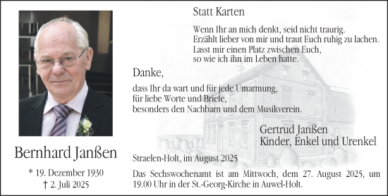 Traueranzeige von Bernhard Janßen von NNA