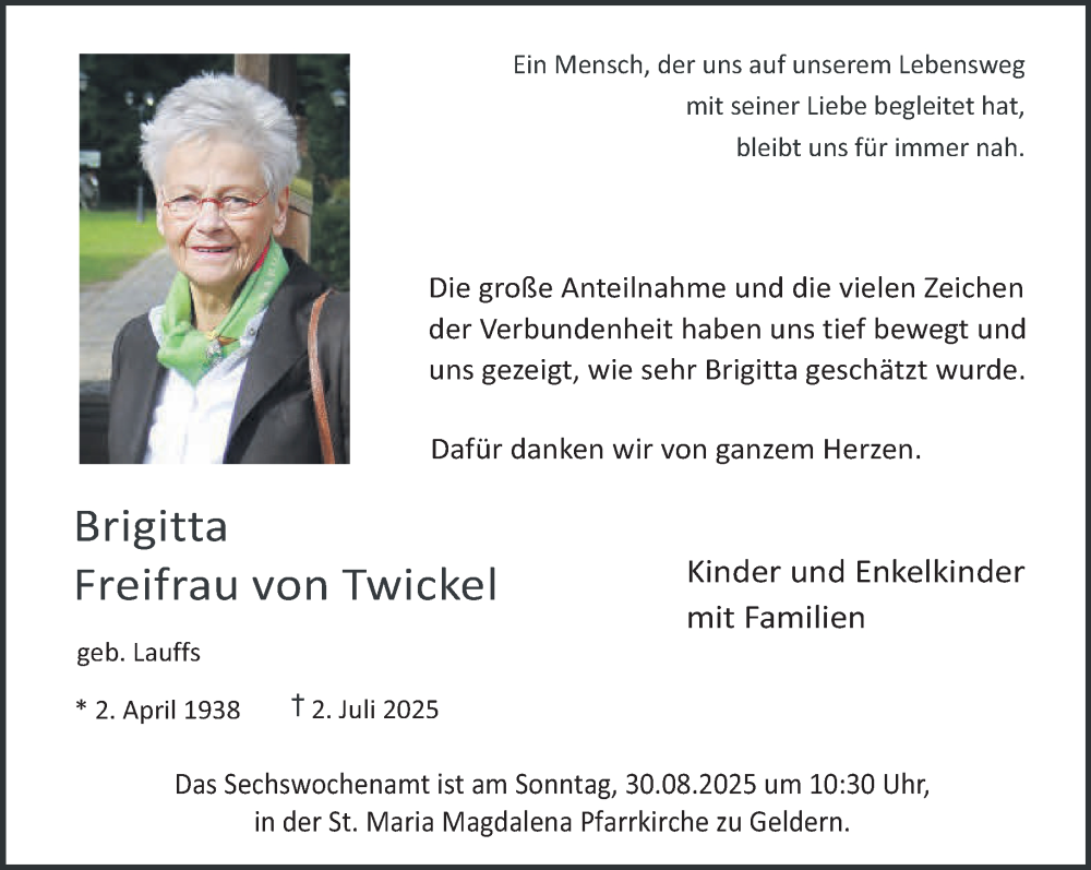  Traueranzeige für Brigitta von Twickel vom 30.08.2025 aus NNA