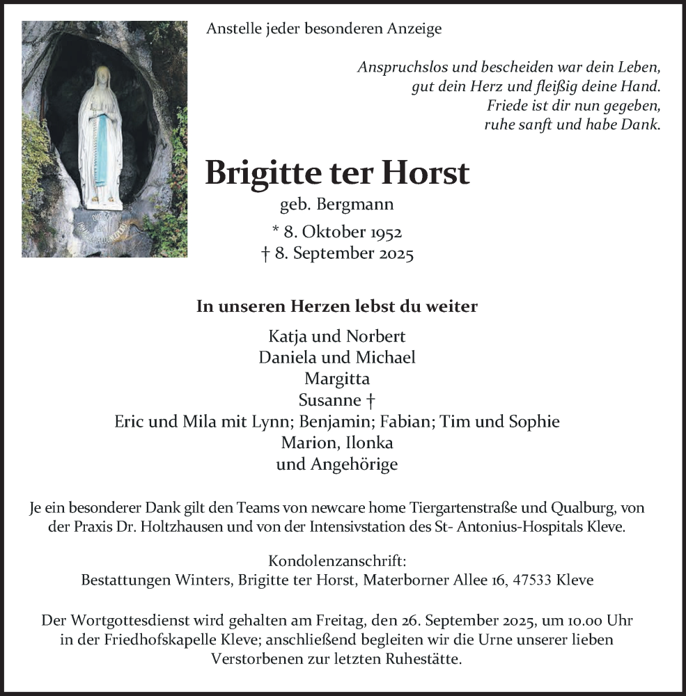  Traueranzeige für Brigitte ter Horst vom 20.09.2025 aus NNA