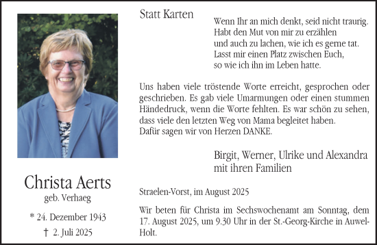 Traueranzeige von Christa Aerts von NNA