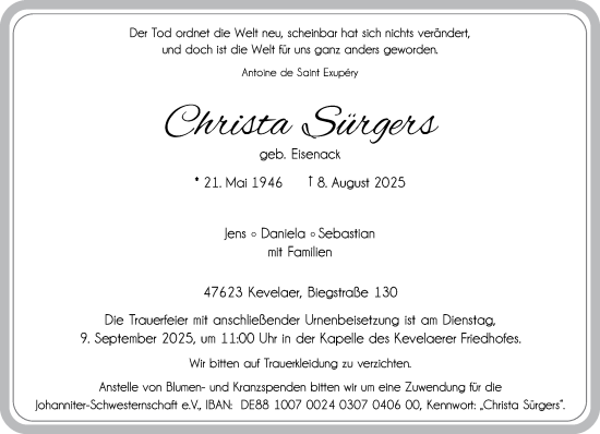 Traueranzeige von Christa Sürgers von NNA