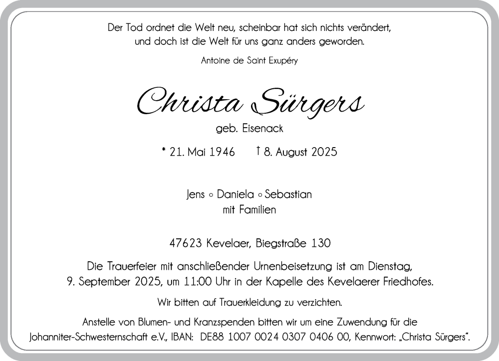  Traueranzeige für Christa Sürgers vom 30.08.2025 aus NNA