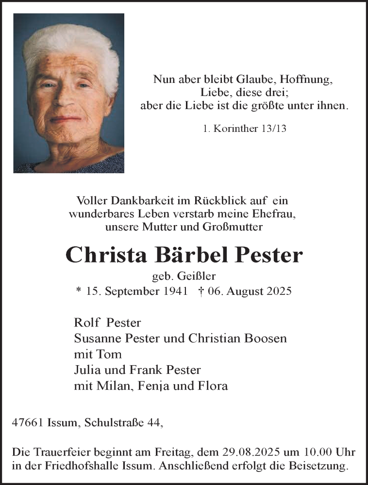  Traueranzeige für Christa Bärbel Pester vom 16.08.2025 aus NNA