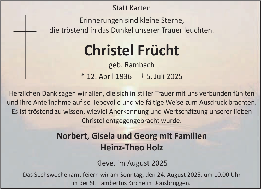  Traueranzeige für Christel Frücht vom 16.08.2025 aus NNA