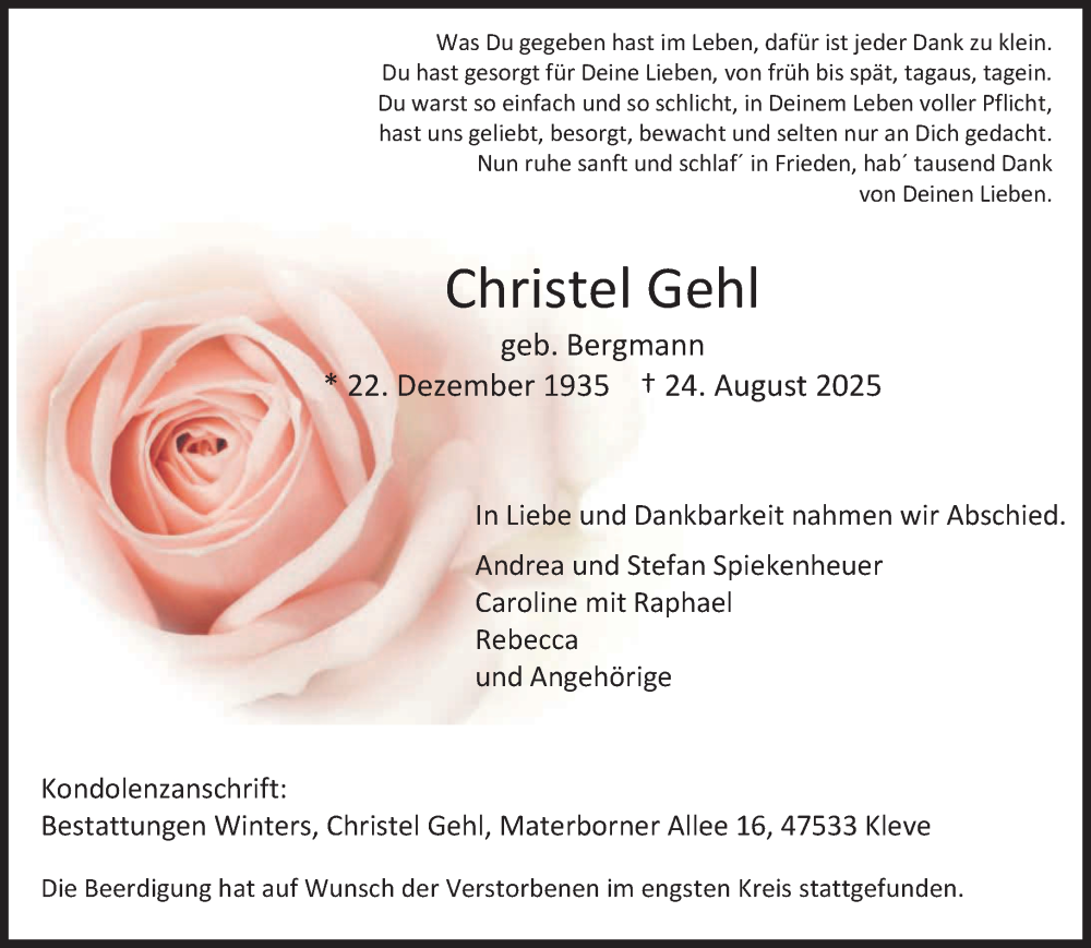  Traueranzeige für Christel Gehl vom 05.09.2025 aus NNA