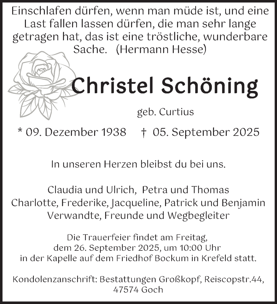  Traueranzeige für Christel Schöning vom 20.09.2025 aus NNA