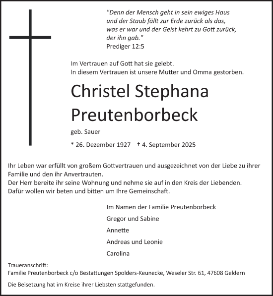 Traueranzeige von Christel Stephana Preutenborbeck von NNA