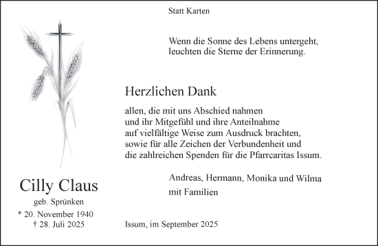 Traueranzeige von Cilly Claus von NNA