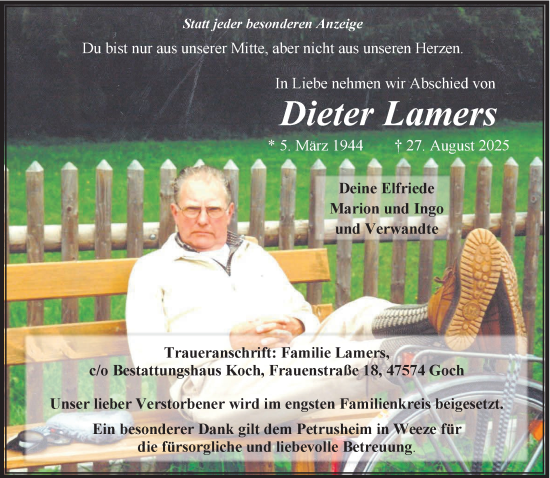 Traueranzeige von Dieter Lamers von NNA
