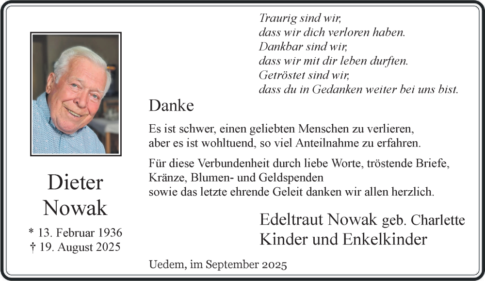  Traueranzeige für Dieter Nowak vom 20.09.2025 aus NNA