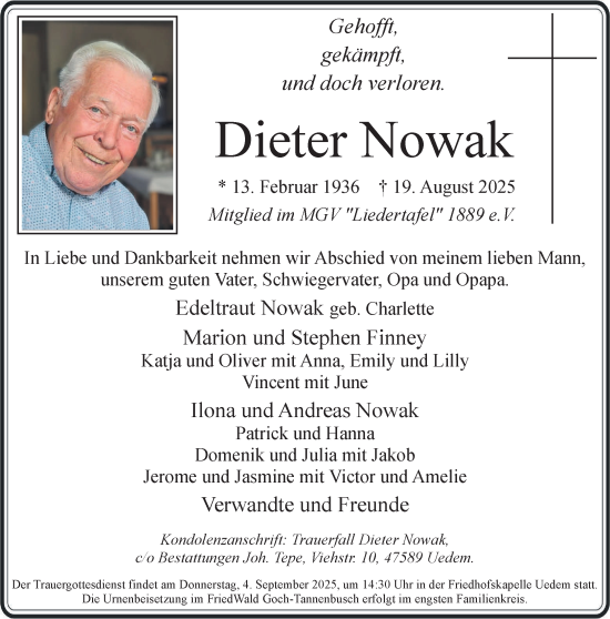 Traueranzeige von Dieter Nowak von NNA