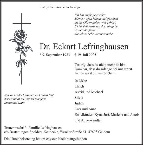 Traueranzeige von Eckart Lefringhausen von NNA