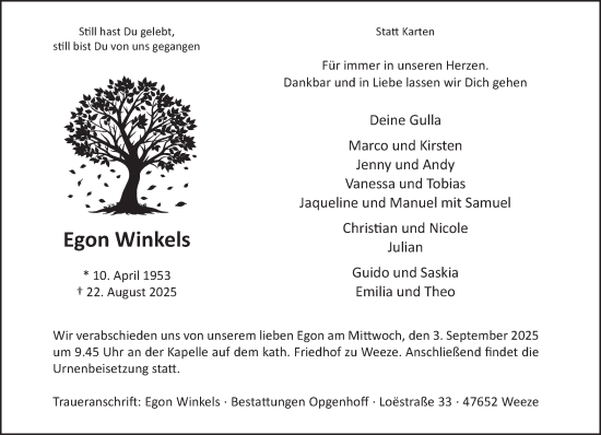 Traueranzeige von Egon Winkels von NNA