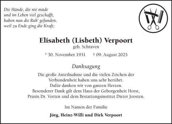 Traueranzeige von Elisabeth (Lisbeth) Verpoort von NNA