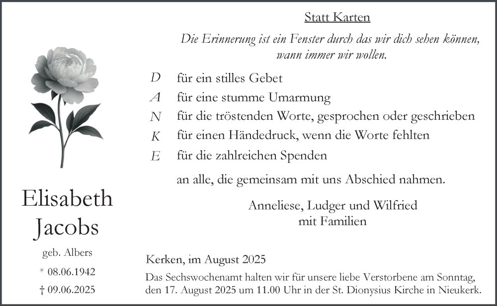  Traueranzeige für Elisabeth Jacobs vom 09.08.2025 aus NNA