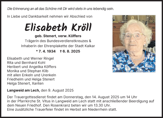 Traueranzeige von Elisabeth Kröll von NNA