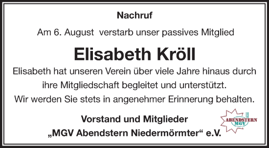 Traueranzeige von Elisabeth Kröll von NNA