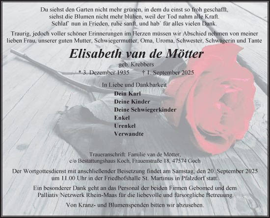 Traueranzeige von Elisabeth van de Mötter von NNA