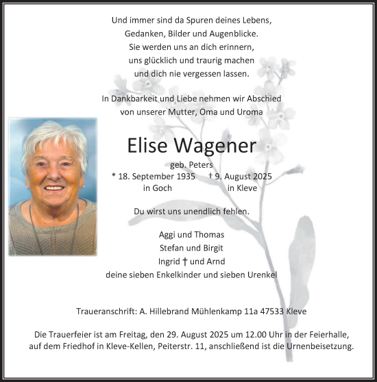 Traueranzeige von Elise Wagener von NNA