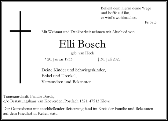 Traueranzeige von Elli Bosch von NNA