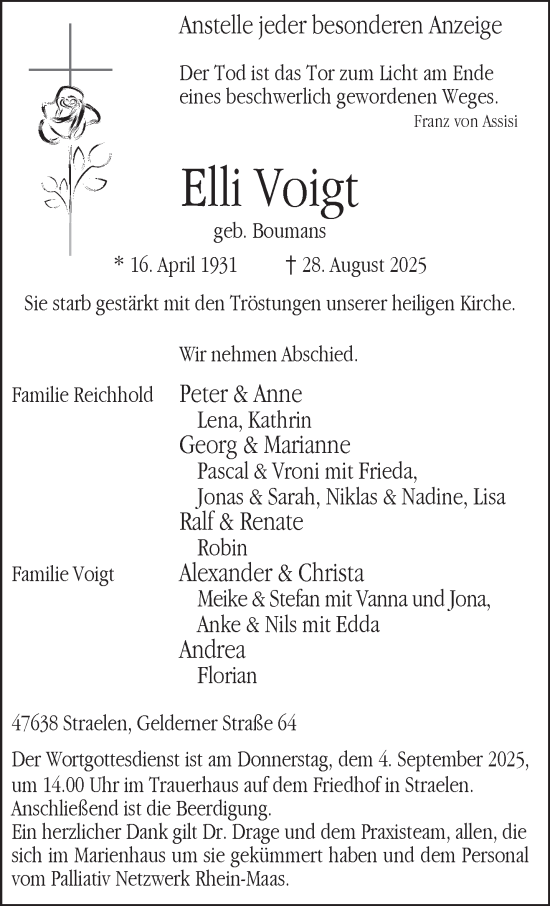 Traueranzeige von Elli Voigt von NNA