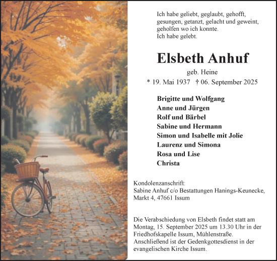 Traueranzeige von Elsbeth Anhuf von NNA