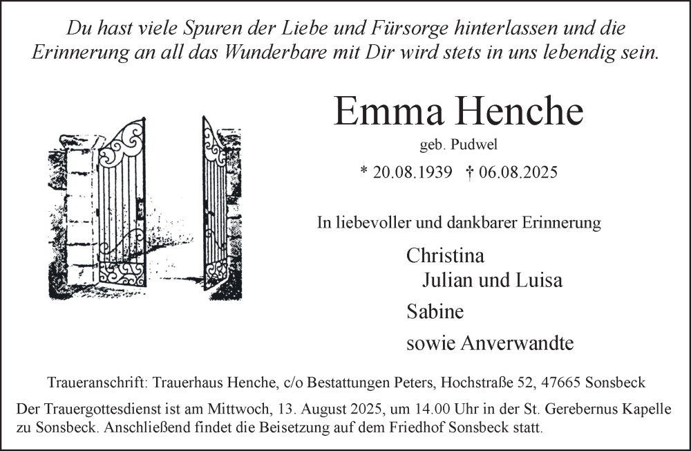  Traueranzeige für Emma Henche vom 09.08.2025 aus NNA