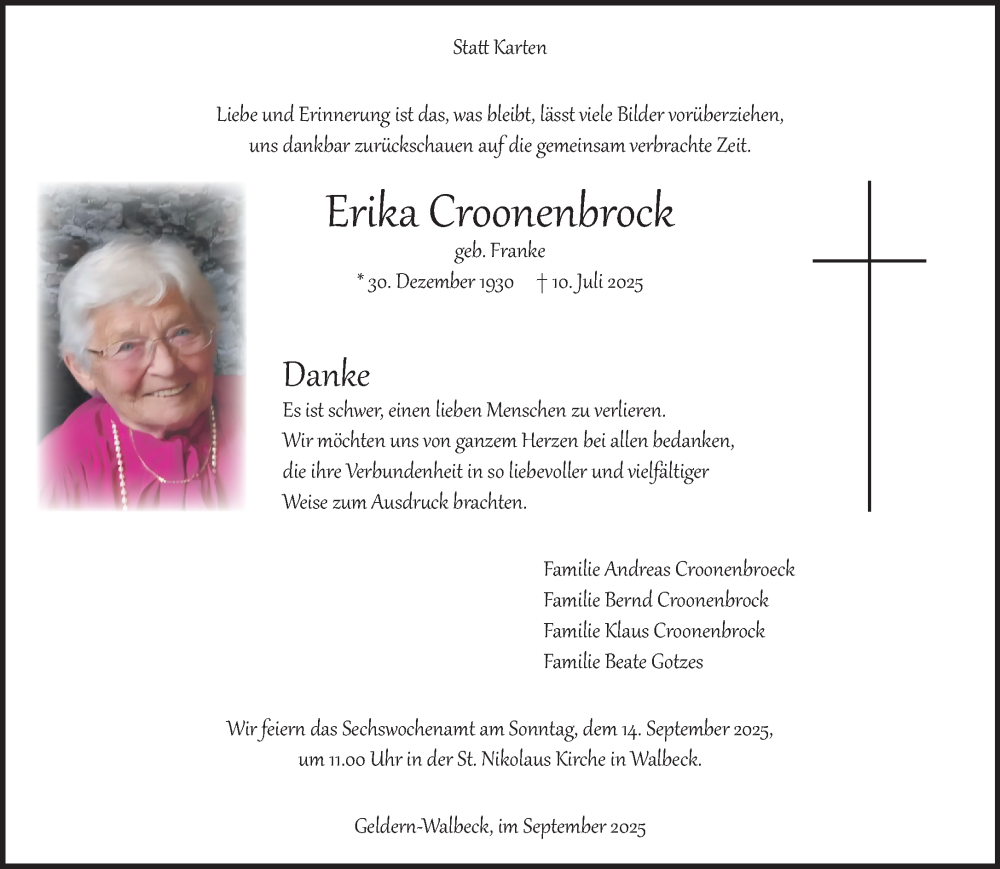  Traueranzeige für Erika Croonenbrock vom 05.09.2025 aus NNA
