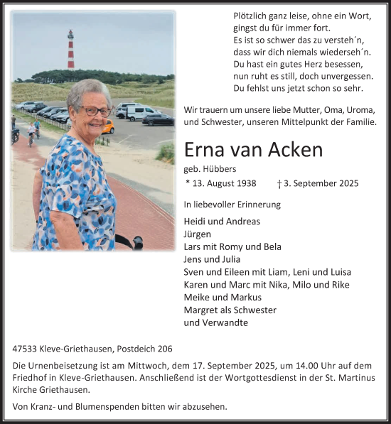 Traueranzeige von Erna van Acken von NNA