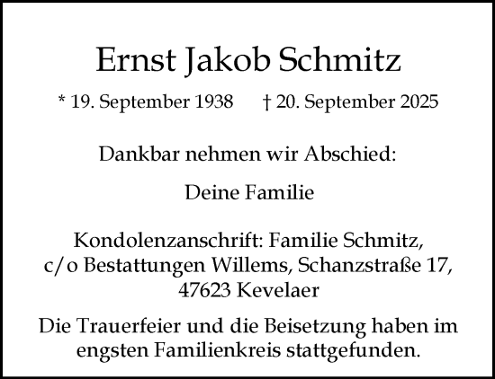 Traueranzeige von Ernst Jakob Schmitz von NNA