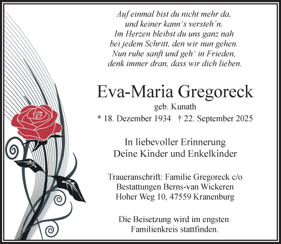 Traueranzeige von Eva-Maria Gregoreck von NNA