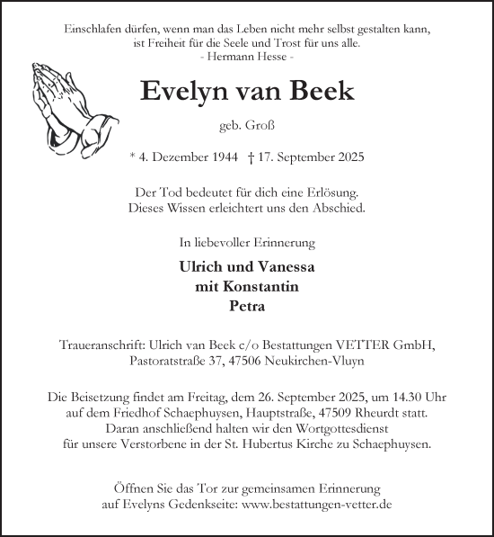 Traueranzeige von Evelyn van Beek von NNA