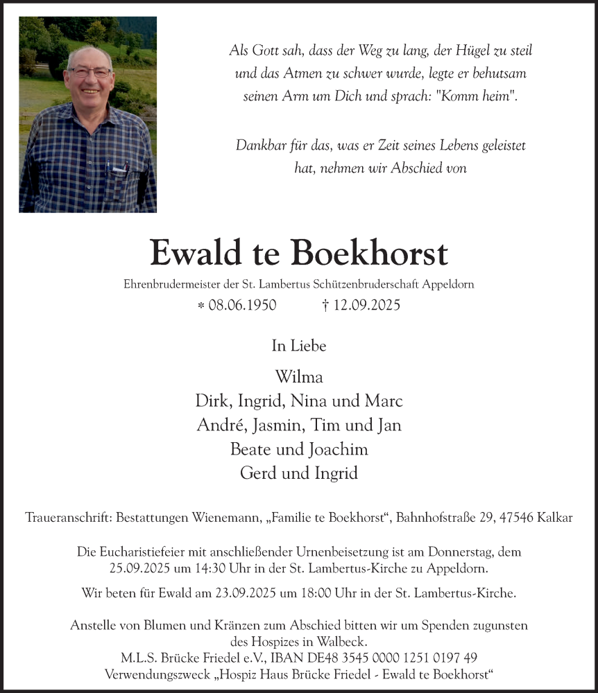  Traueranzeige für Ewald te Boekhorst vom 20.09.2025 aus NNA