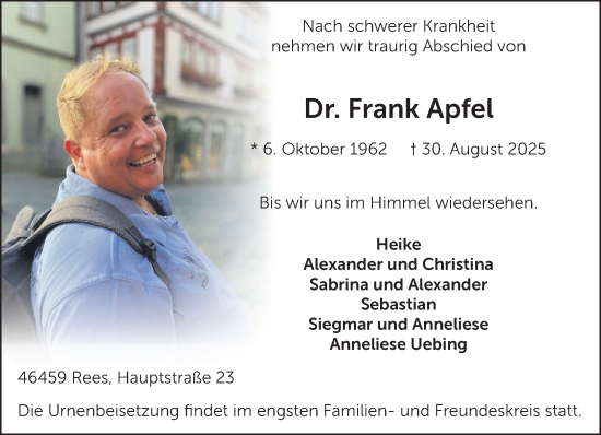 Traueranzeige von Frank Apfel von NNA