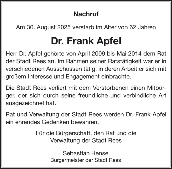 Traueranzeige von Frank Apfel von NNA
