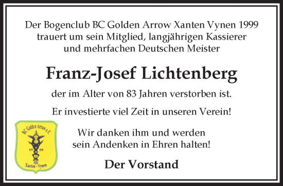 Traueranzeige von Franz-Josef Lichtenberg von NNA