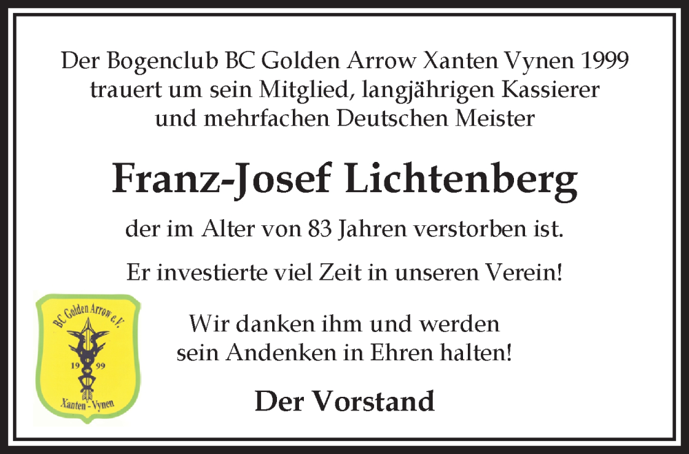  Traueranzeige für Franz-Josef Lichtenberg vom 30.08.2025 aus NNA