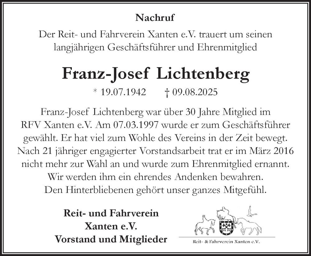  Traueranzeige für Franz-Josef Lichtenberg vom 30.08.2025 aus NNA