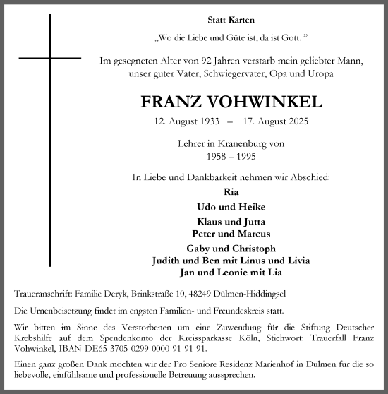 Traueranzeige von Franz Vohwinkel von NNA