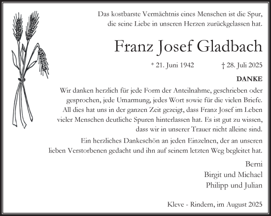 Traueranzeige von Franz Josef Gladbach von NNA