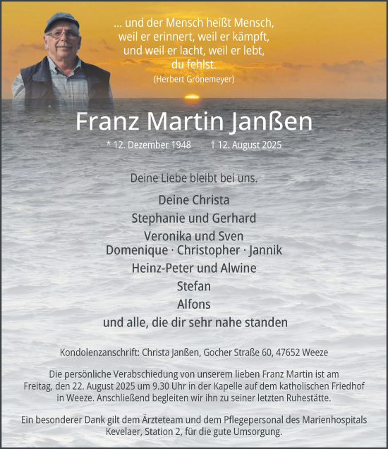 Traueranzeige von Franz Martin Janßen von NNA