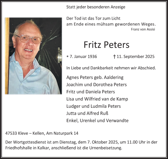 Traueranzeige von Fritz Peters von NNA