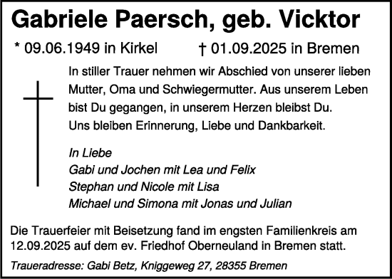 Traueranzeige von Gabriele Paersch von NNA