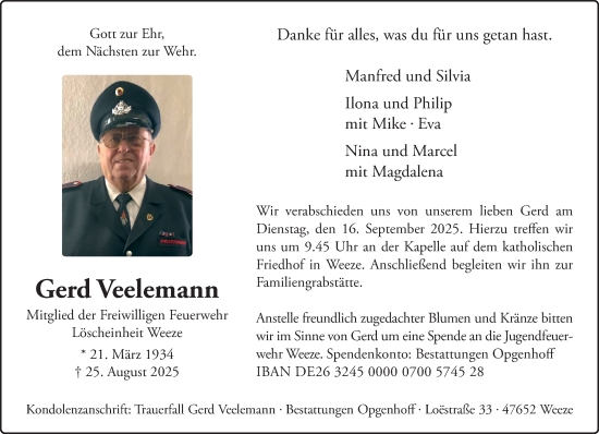 Traueranzeige von Gerd Veelemann von NNA