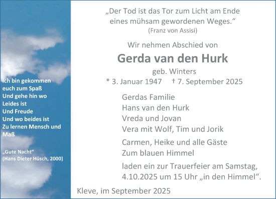 Traueranzeige von Gerda van den Hurk von NNA